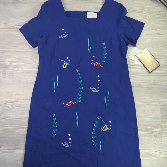 Contry Concept Dresses | Country Concept L Linen Blend Blue Shirt Sleeve Midi Dress Embroidered Fish | Color: Blue/Green | Size: L | Goalcrusher's
